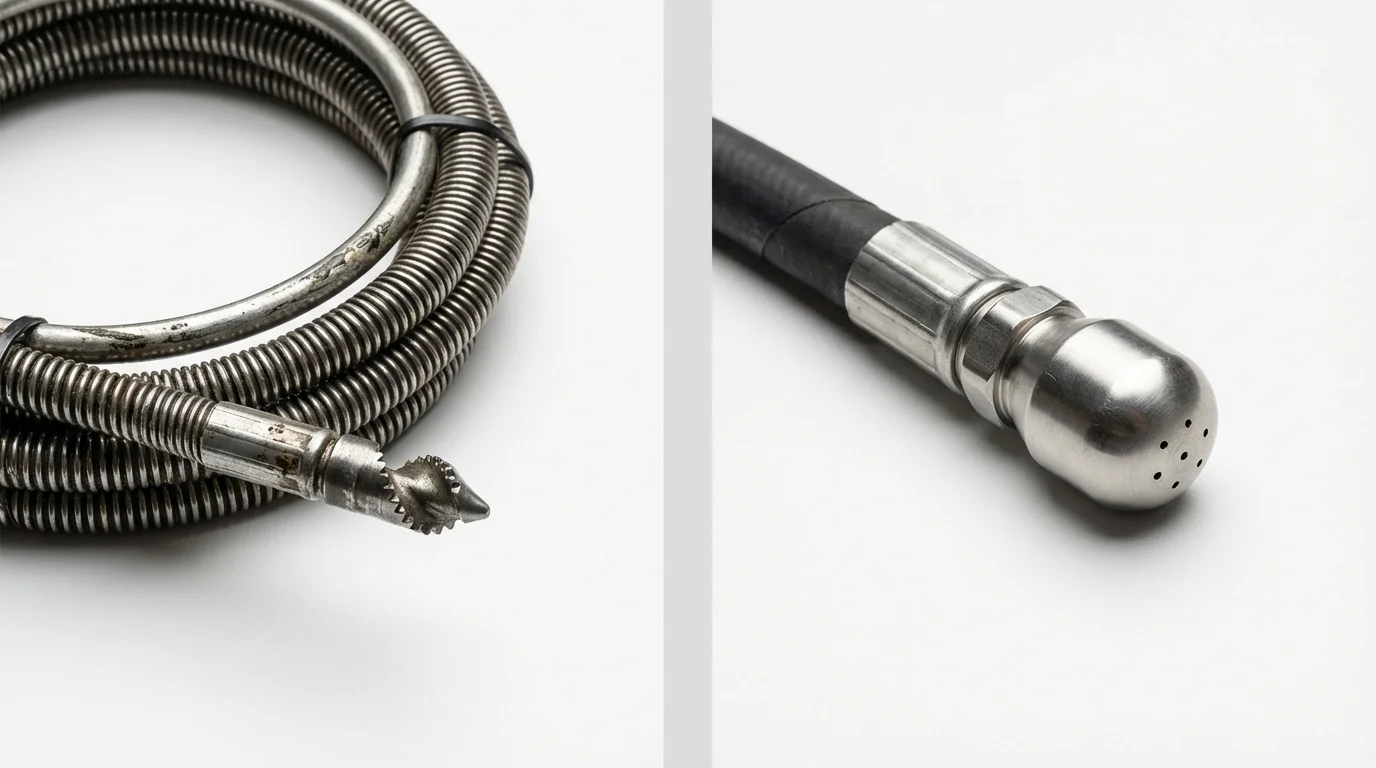 Drain snake cable and hydro jetting nozzle used for drain cleaning in Akron, CO