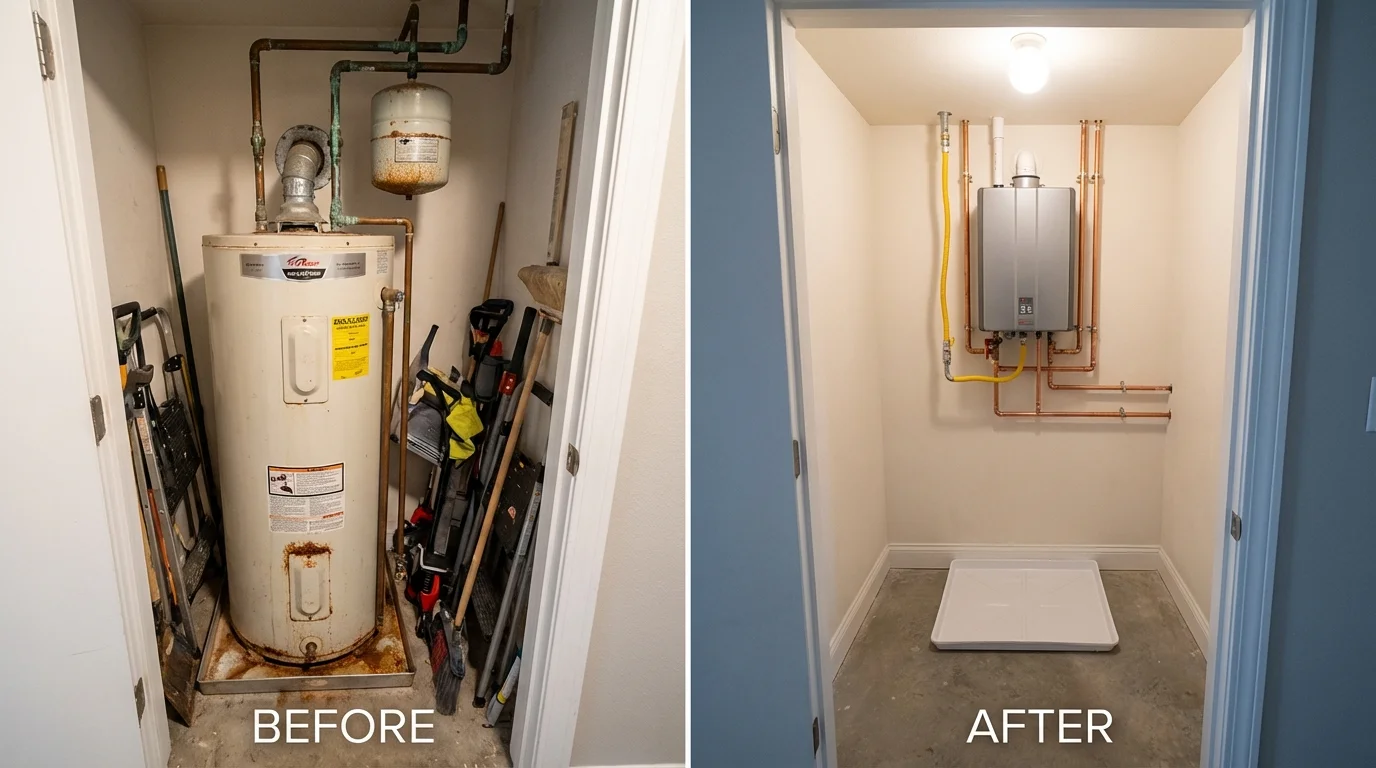 Tank water heater versus wall-mounted tankless unit comparison for Akron, CO homeowners