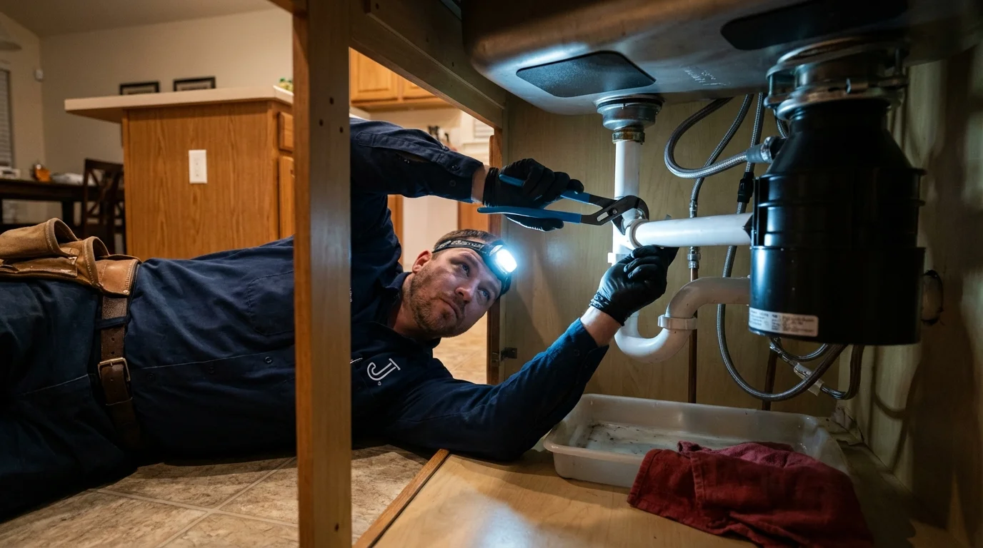 P-trap and supply line connections under a kitchen sink showing a common leak point in Akron, CO